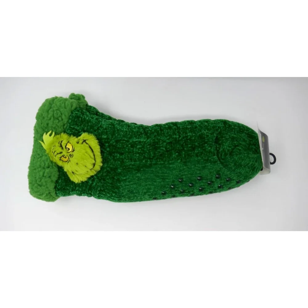 Bioworld Dr Seuss The Grinch Slipper Socks 3D Green Fuzzy Non-Slip Size 5-10 NEW